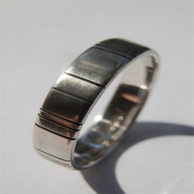 Mens Silver Barcode Oxidized Ring - The Handmade ™
