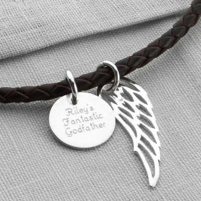 Personalised Silver Wing And Disc Leather Necklet - The Handmade ™
