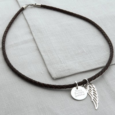 Personalised Silver Wing And Disc Leather Necklet - The Handmade ™