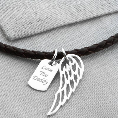 Personalised Silver Wing And Dogtag Leather Necklet - The Handmade ™