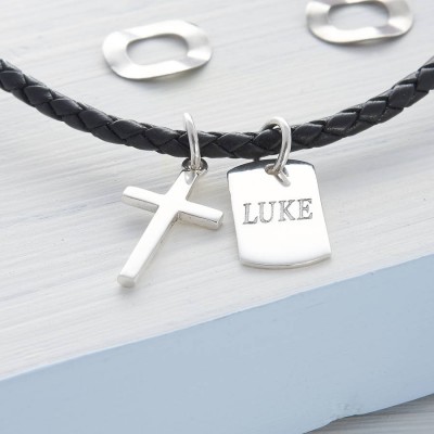 Personalised Silver Cross And Tag Leather Necklet - The Handmade ™