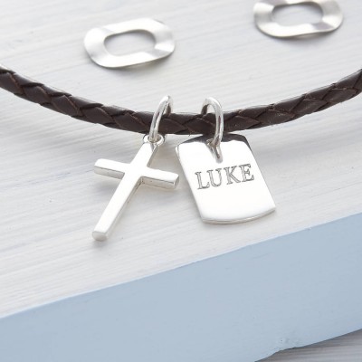 Personalised Silver Cross And Tag Leather Necklet - The Handmade ™