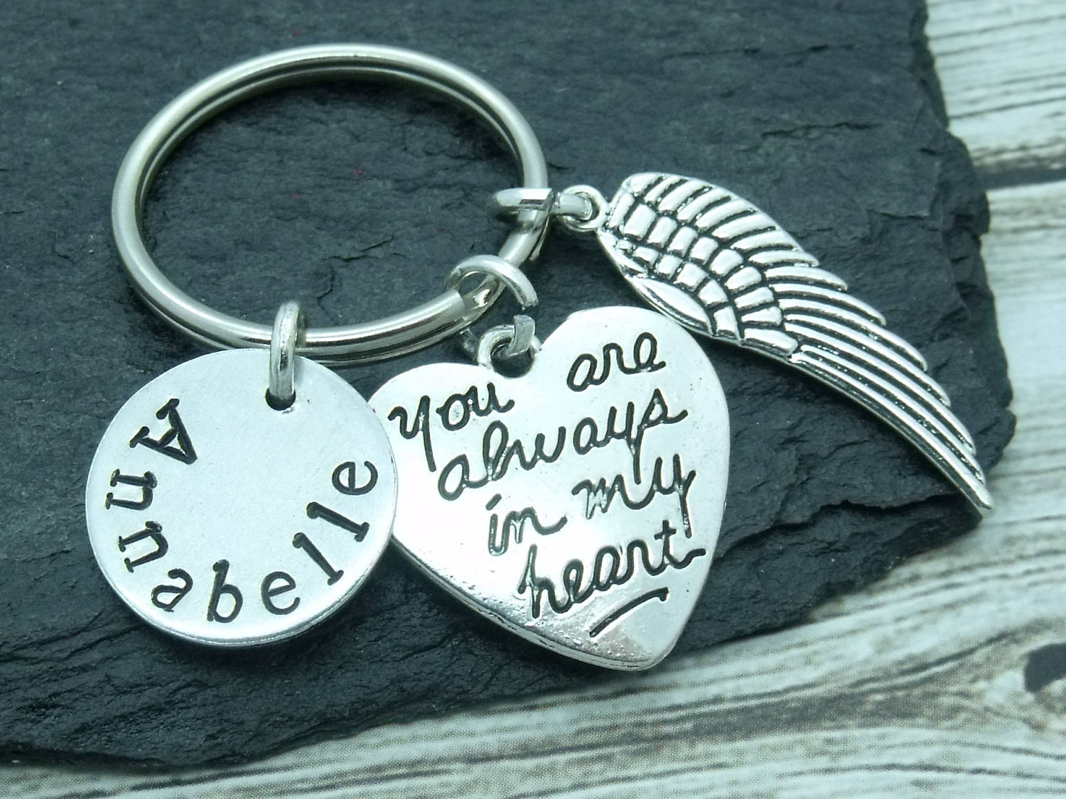 Always in my heart angel wing keyring, bereavement keychain, angel wing keychain, personalised angel wing gift, name gift, remembrance