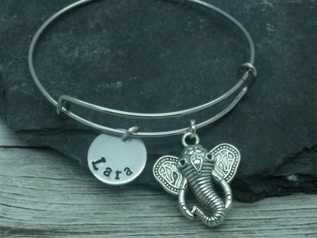 Elephant hand stamped adjustable bangle, elephant bracelet, elephant jewellery, elephant gift, personalised gift, elephant name