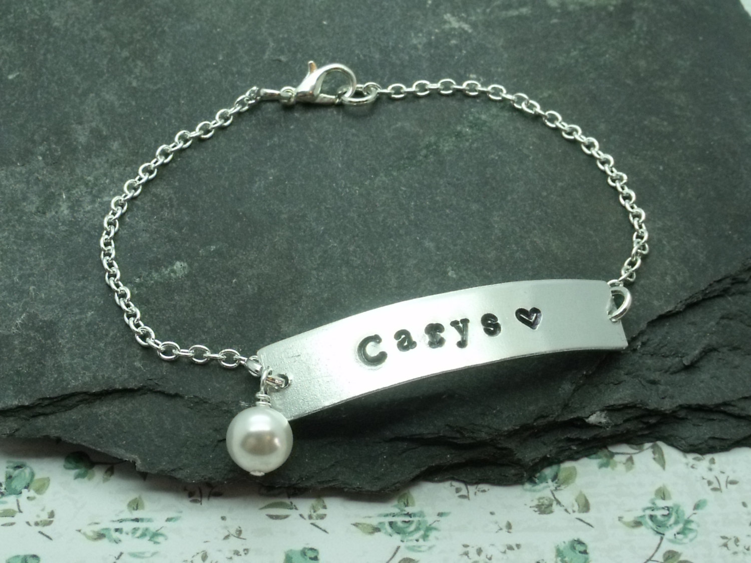 Hand Stamped Name Bar Bracelet With Pearl, Bridesmaid Bracelet, Personalised Name Bracelet, Name Plate Bracelet, Mum/Mom, Best Friend Gift
