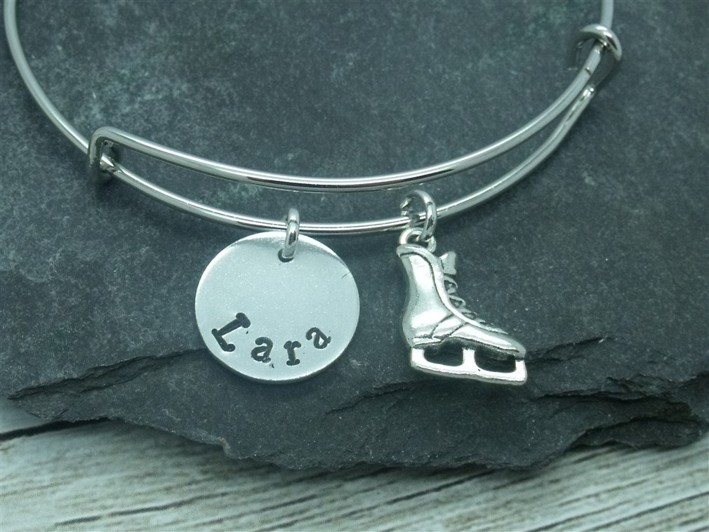Ice skating boot hand stamped adjustable bangle, ice skate bracelet, skating jewellery, ice skating gift, ice skate personalised gift