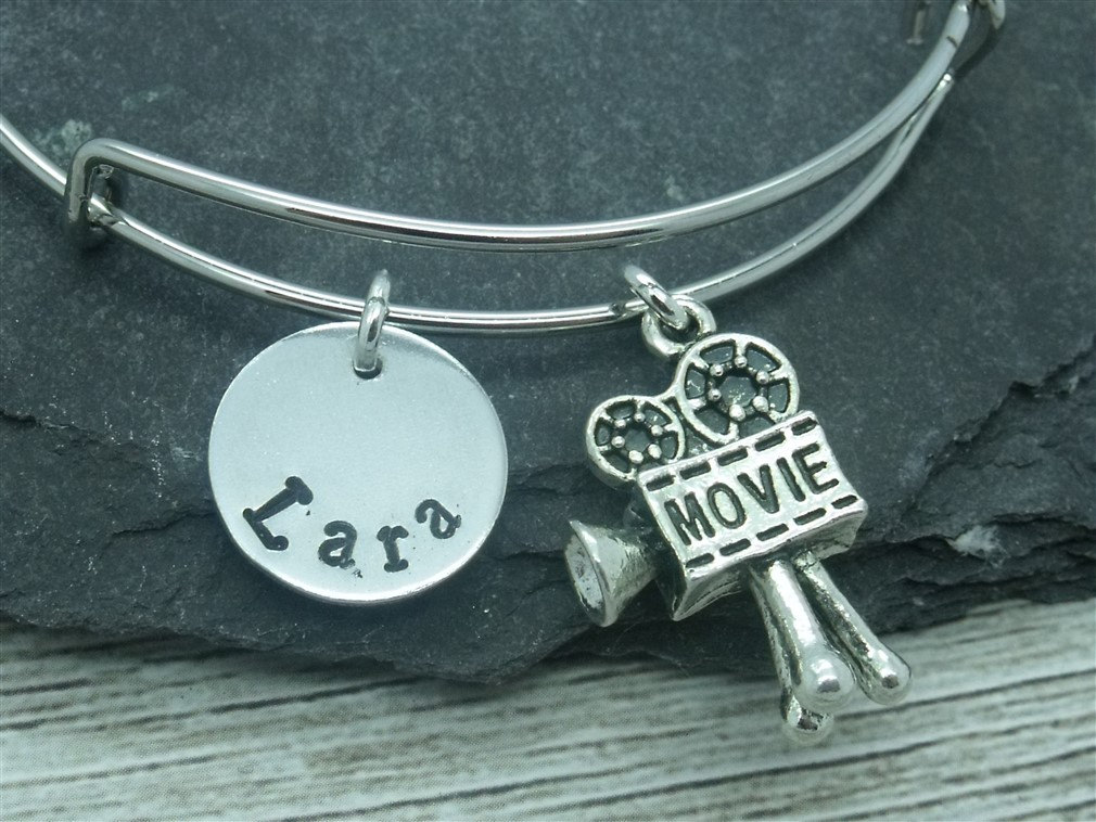 Movie camera hand stamped adjustable bangle, movie camera bracelet, directors jewellery, film director movie camera gift, personalised gift
