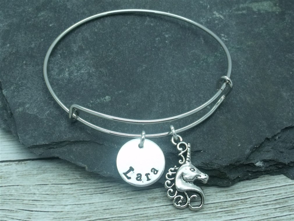 Unicorn hand stamped adjustable bangle, unicorn bracelet, unicorn jewellery, unicorn gift, personalised gift, unicorn name
