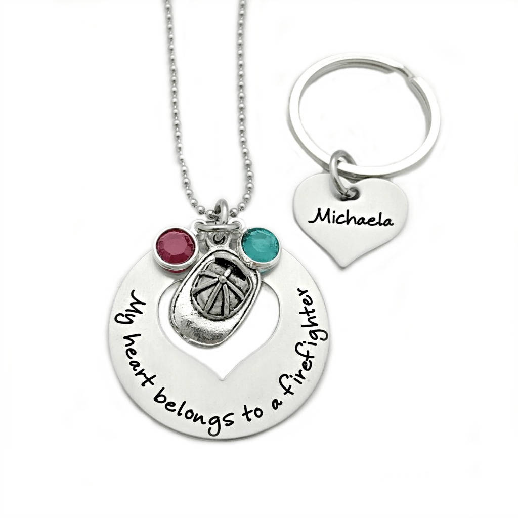 Personalized My Heart Belongs To A Firefighter - Engraved Jewelry - Fireman's Wife - Couple Gift - Valentine's Day - Anniversary Gift - 1378