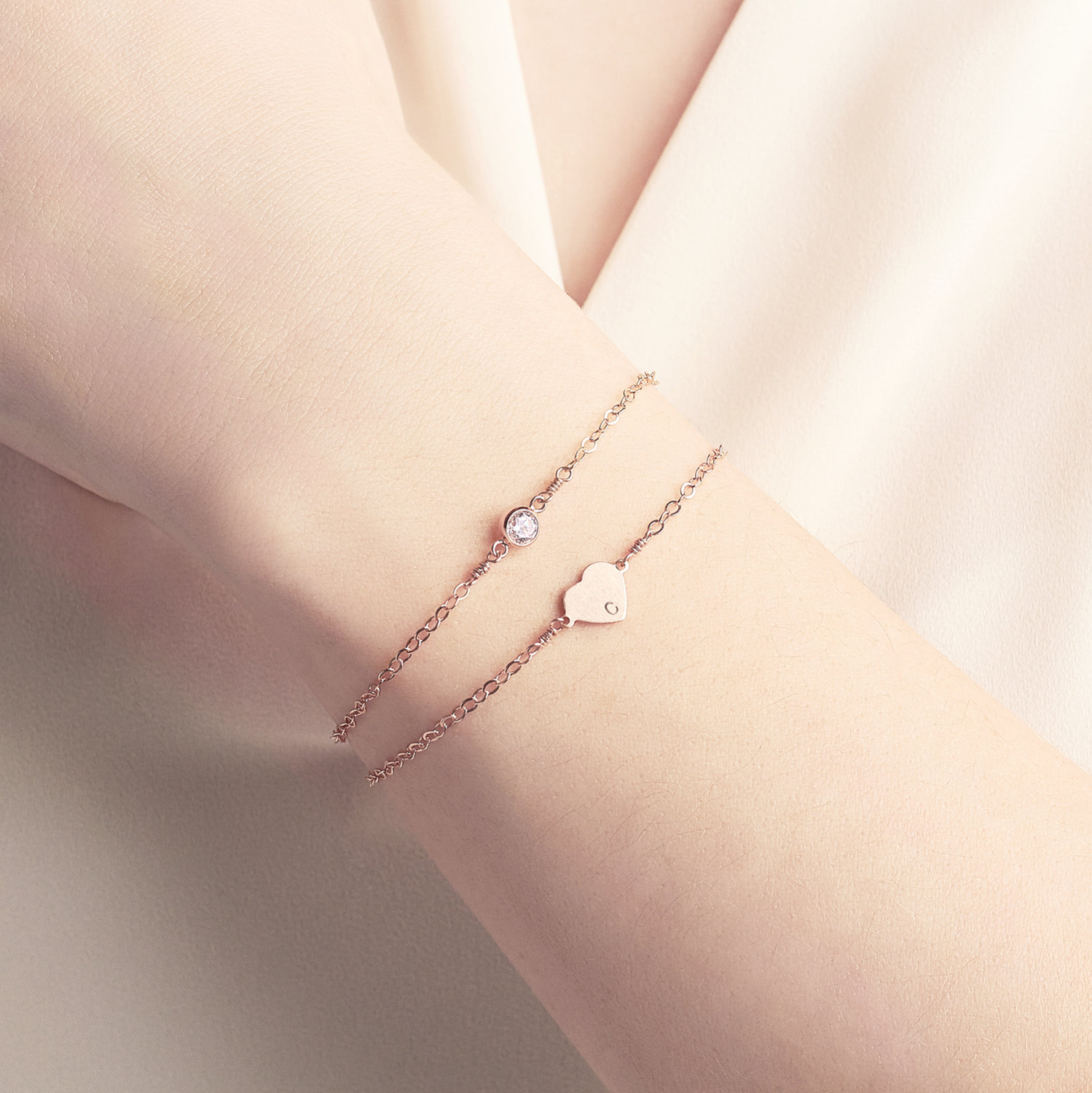 Rose Gold Heart Bracelet Set - stacking bracelets - dainty initial bracelet - gift for her - personalised bracelet - gift for girlfriend