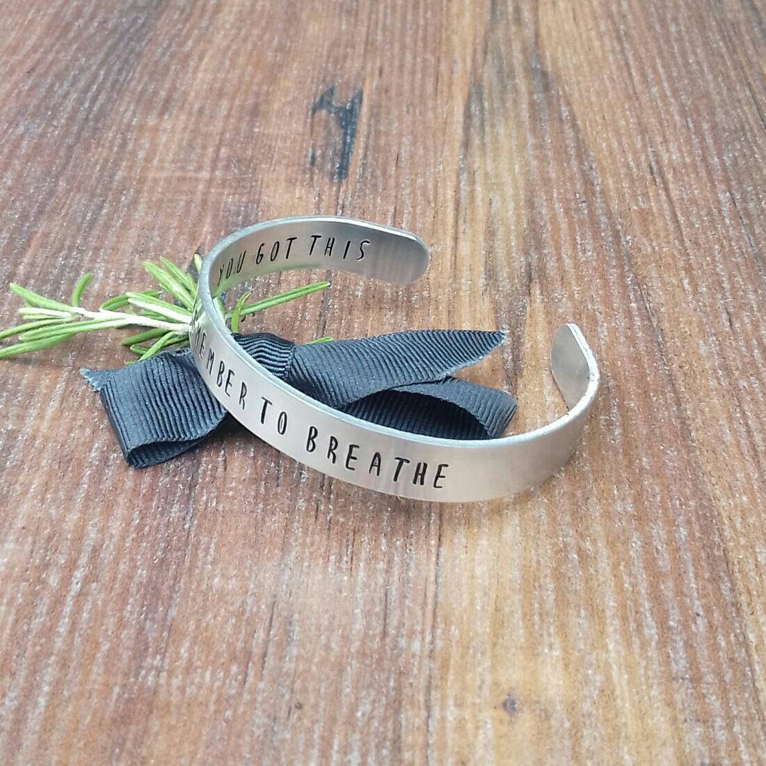 Mindfulness Jewellery, Just Breathe, Hidden Message Bracelet, Meaningful Gift, Hand Stamped Cuff Bracelet, You Got This,