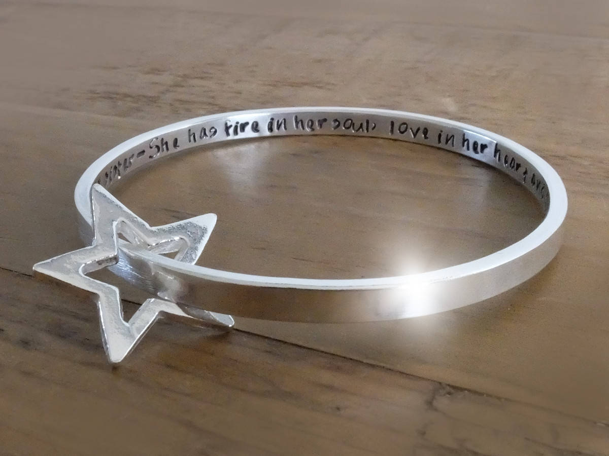 Chunky Personalised Sterling Silver Bangle with Silver Star, Silver Bangle with Floating Star, Bracelet with Star, Bangle with Star Charm