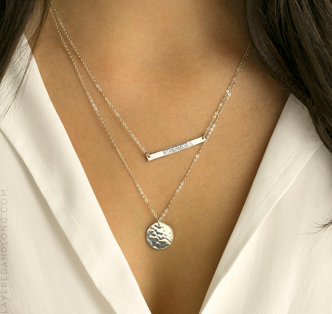 Layered Necklace For Women – Sterling Silver & Gold Bar Disc Y Necklace, Dainty Pendant