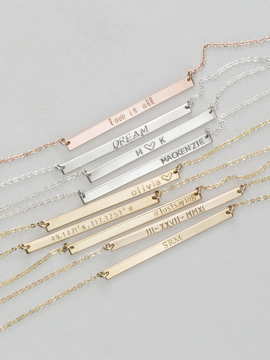 Long Skinny Bar Necklace &bull; Personalized Name Plate Necklace &bull; Rose Gold Fill or Sterling Silver Custom Hand Stamped Bar Necklace, LN130_40_H