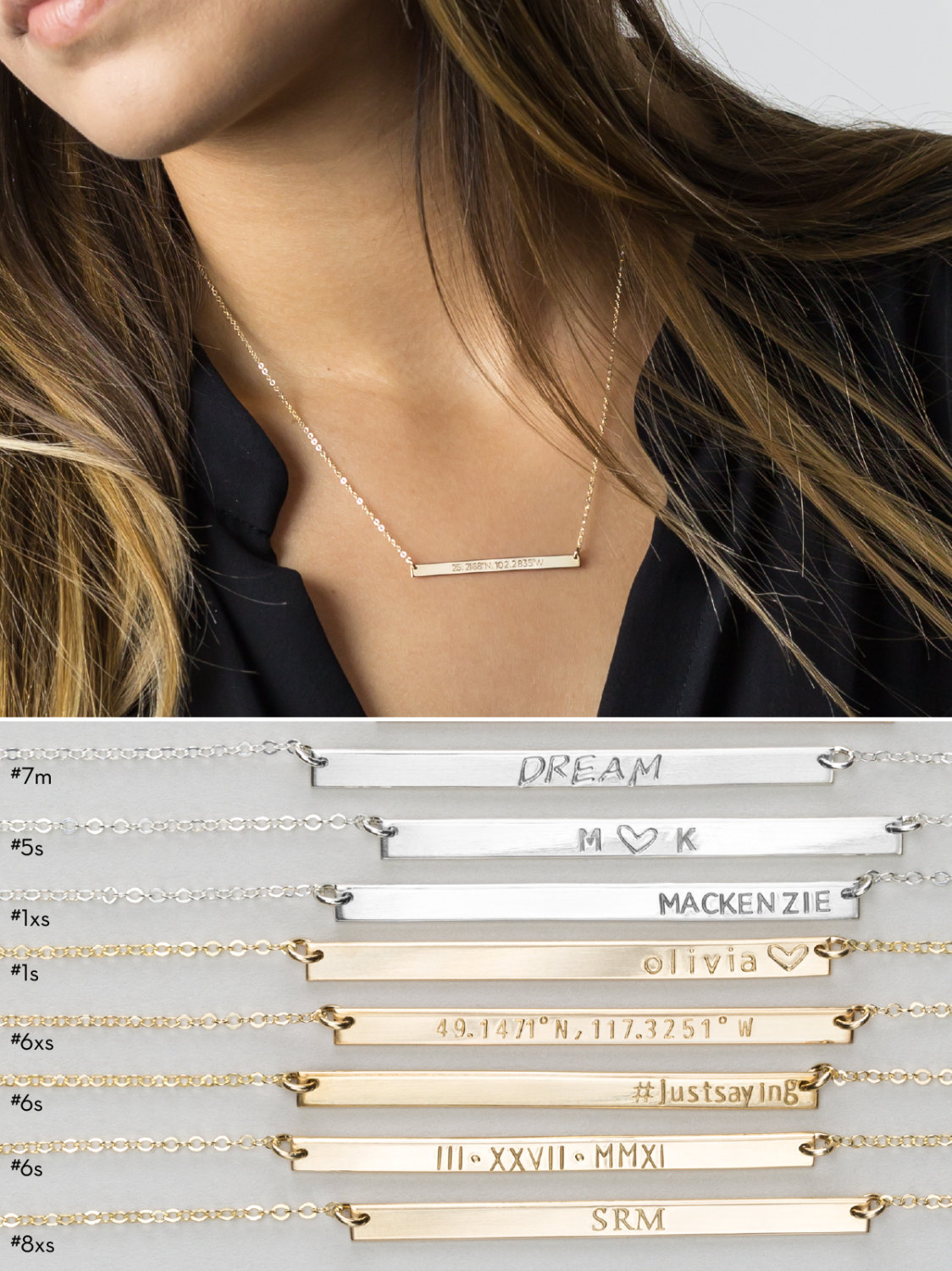 Long Skinny Bar Necklace &bull; Personalized Name Plate Necklace &bull; Rose Gold Fill or Sterling Silver Custom Hand Stamped Bar Necklace, LN130_40_H