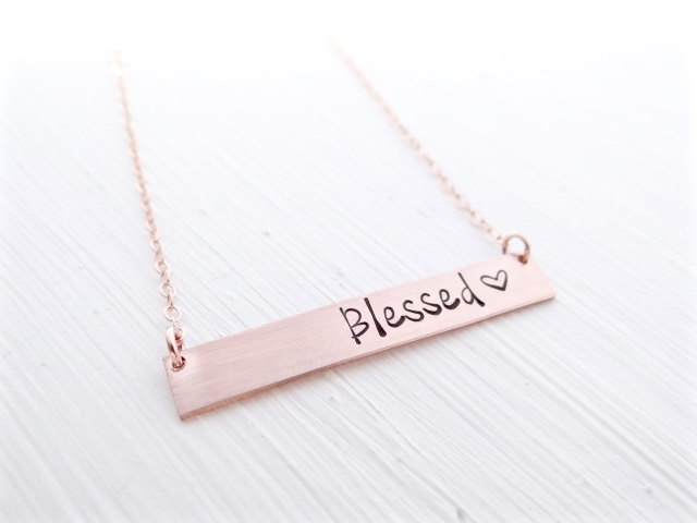 Blessed Gold Bar Necklace. Minimalist, Hand Stamped Rose Gold.  Layering Bar, Inspirational Jewelry.  Blessed with Heart.  Christian Jewelry