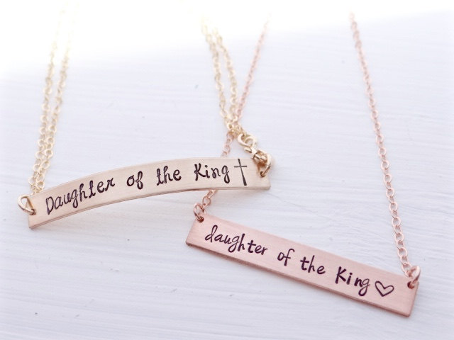 Hand Stamped Bar Necklace. Large Rose Gold Bar with Daughter of the King. Minimalist,Engraved Necklace.  Layering Bar, Inspirational Jewelry