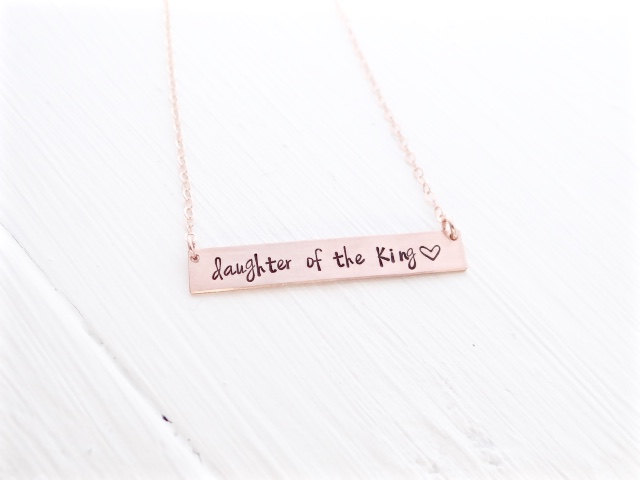 Hand Stamped Bar Necklace. Large Rose Gold Bar with Daughter of the King. Minimalist,Engraved Necklace.  Layering Bar, Inspirational Jewelry