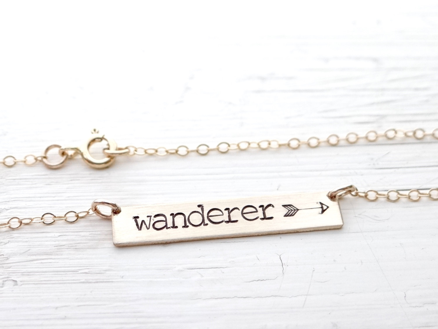 Hand Stamped Bar Necklace. Small Gold Bar with Wanderer with arrow. Minimalist, Engraved Necklace. Simple Layering Bar Necklace