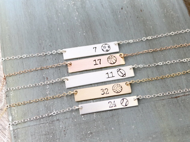 Sports Bar Necklace. Hand Stamped Custom Athlete Bar. Mother's Gold Bar Necklace, Team Mom Jewelry. Football, Basketball, Baseball Jewelry