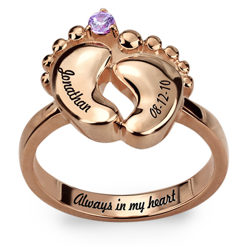 Engraved Baby Feet Ring with Birthstone Silver - The Handmade &trade;