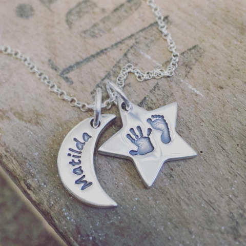 Moon &amp; Star Hand &amp; Foot Print Necklace - The Handmade &trade;