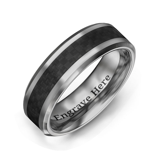 Men's Black Carbon Fiber Inlay Polished Tungsten Ring - The Handmade &trade;