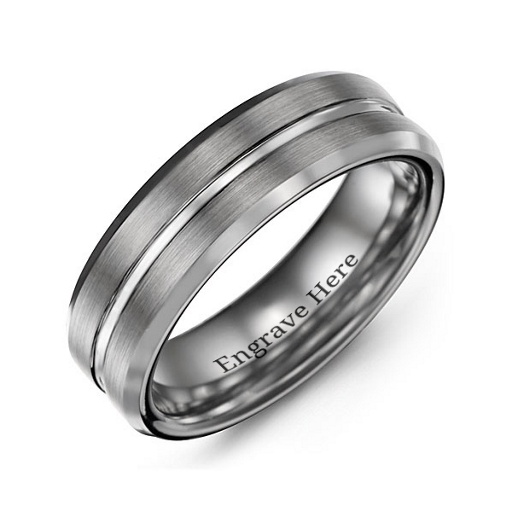 Men's Brushed Grooved Centre Beveled Tungsten Ring - The Handmade &trade;