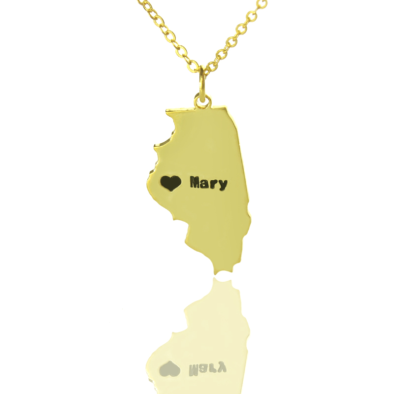 Illinois State Shaped Necklaces With Heart Name Gold - The Handmade &trade;