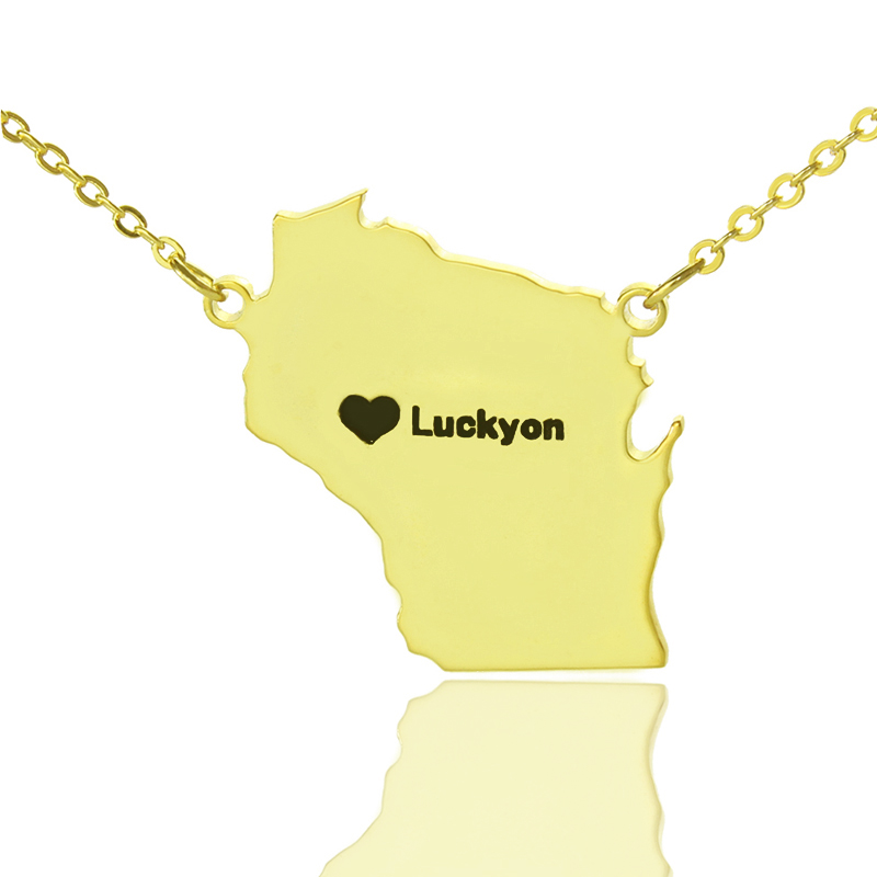 Wisconsin State Shaped Necklaces With Heart Name Gold - The Handmade &trade;