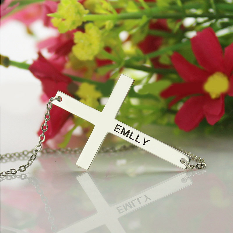 Silver Latin Cross Necklace Engraved Name 1.25&quot; - The Handmade &trade;