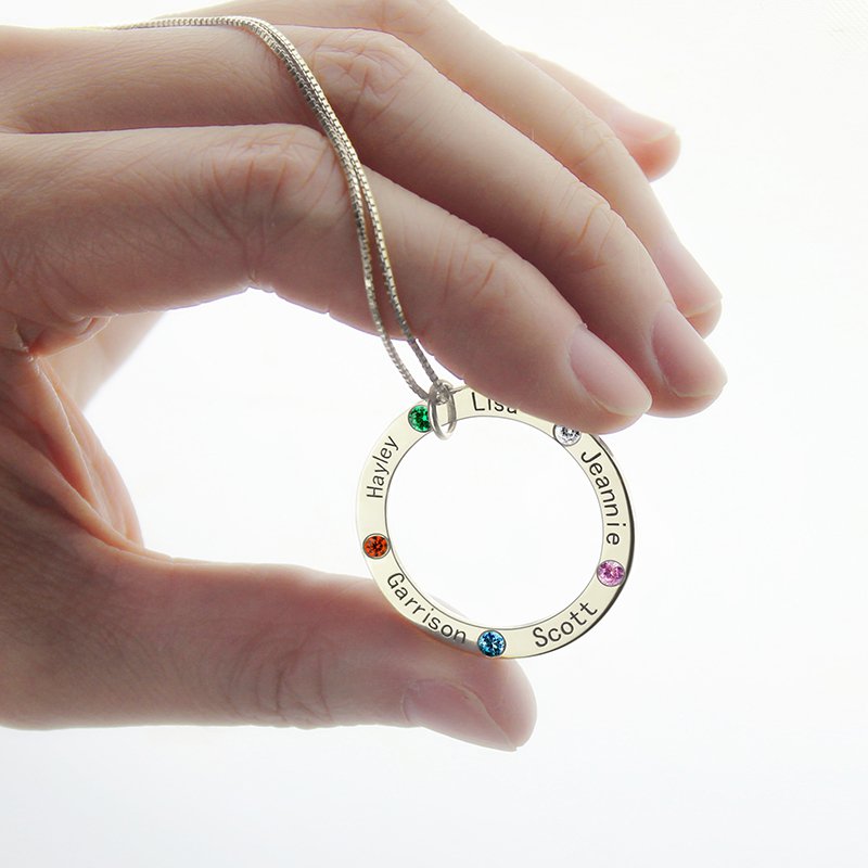 Mothers Family Circle Name Necklace Engraved Birthstone Silver - The Handmade &trade;