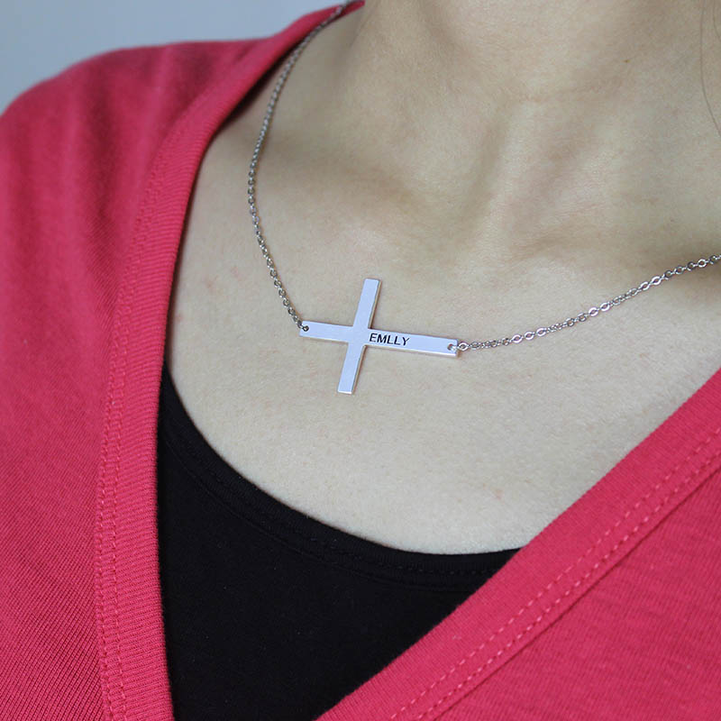 Silver Latin Cross Necklace Engraved Name 1.25&quot; - The Handmade &trade;