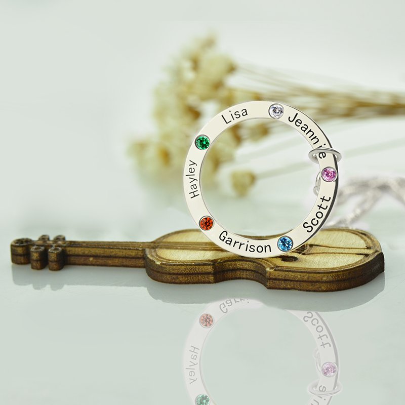 Mothers Family Circle Name Necklace Engraved Birthstone Silver - The Handmade &trade;
