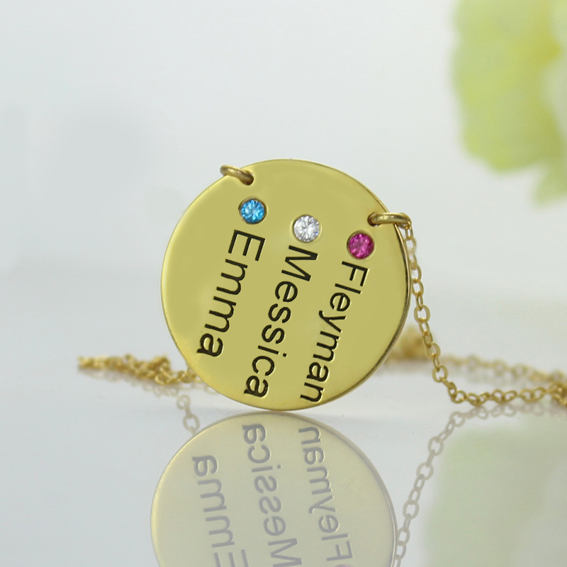 Disc Birthstone Family Names Necklace in Gold - The Handmade &trade;