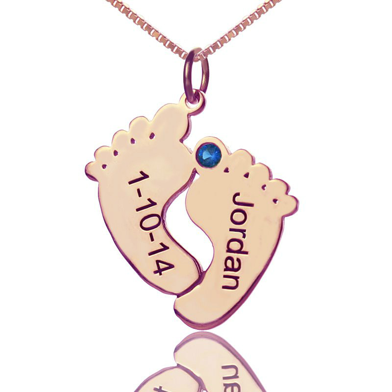 Engraved Baby Feet Imprint Necklace with Date Name Rose Gold - The Handmade &trade;